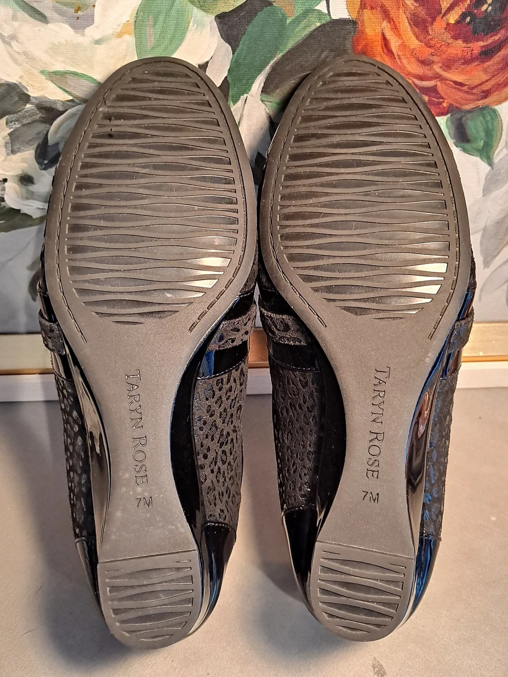 Taryn Rose Traveler Paislee Black Patent Textured Animal Print Slip-On Wedges